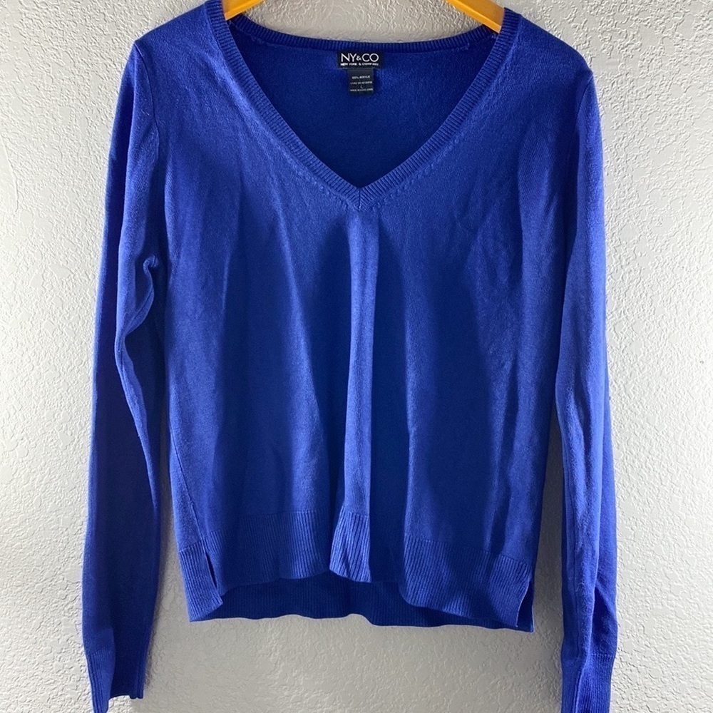 New York & Company Blue V Neck Pullover Long Sleeve Blouse Top